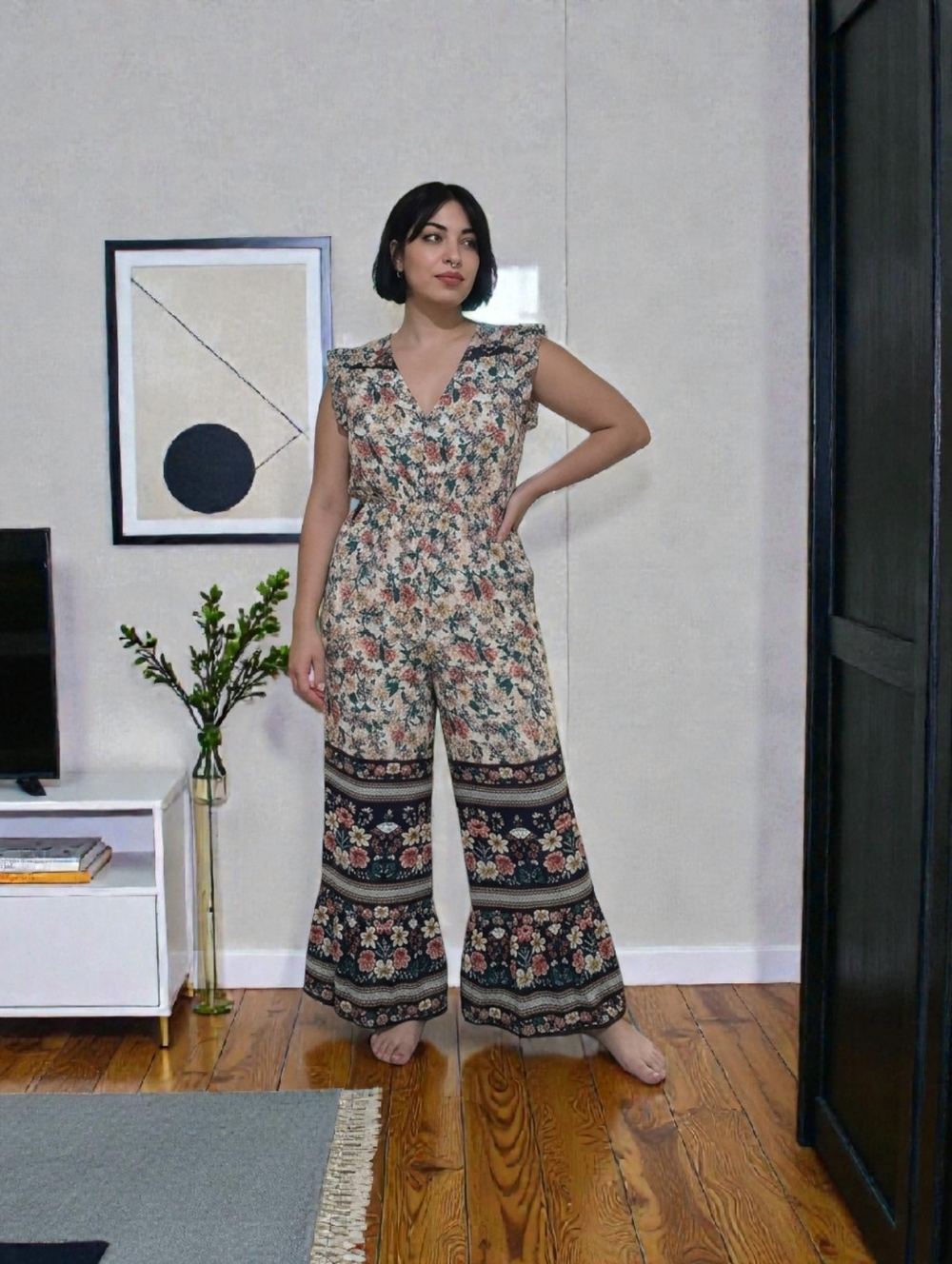 Dress Day Peach NavyFloral Wide Leg Ruffle Hem Flutter Sleeve Jumpsuit Pockets